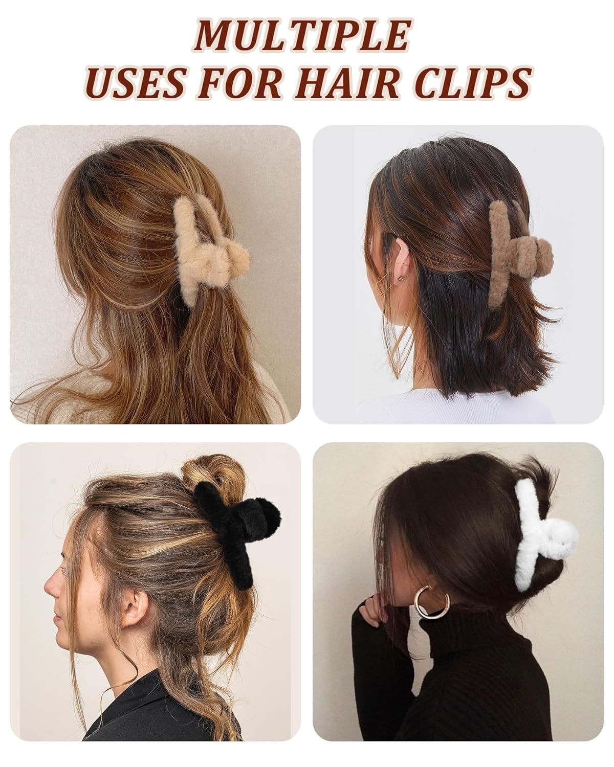 Plush Clip - Hair Clip, 6 Pcs Rectangular Cute Hair Clips or Women, Large Hair Barrettes or Thick Hair, Non Slip Hair Jaw Clips or Girls, Camel/Coee/Beige/Khaki/White/Black