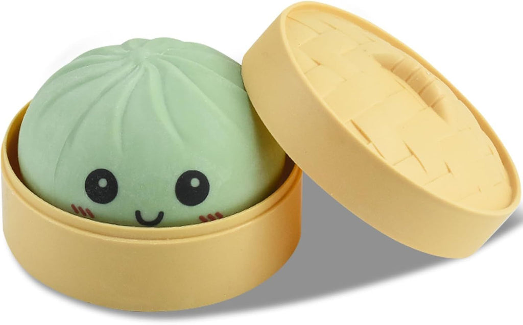 Giant Glitter Smiling face Colorful Dumpling Stress Balls Fidget Sensory Toy,Squeeze Dough Ball Stress Relief Hand Toy,Bun with Food Steamer Stretchy Desk Toys (Green)