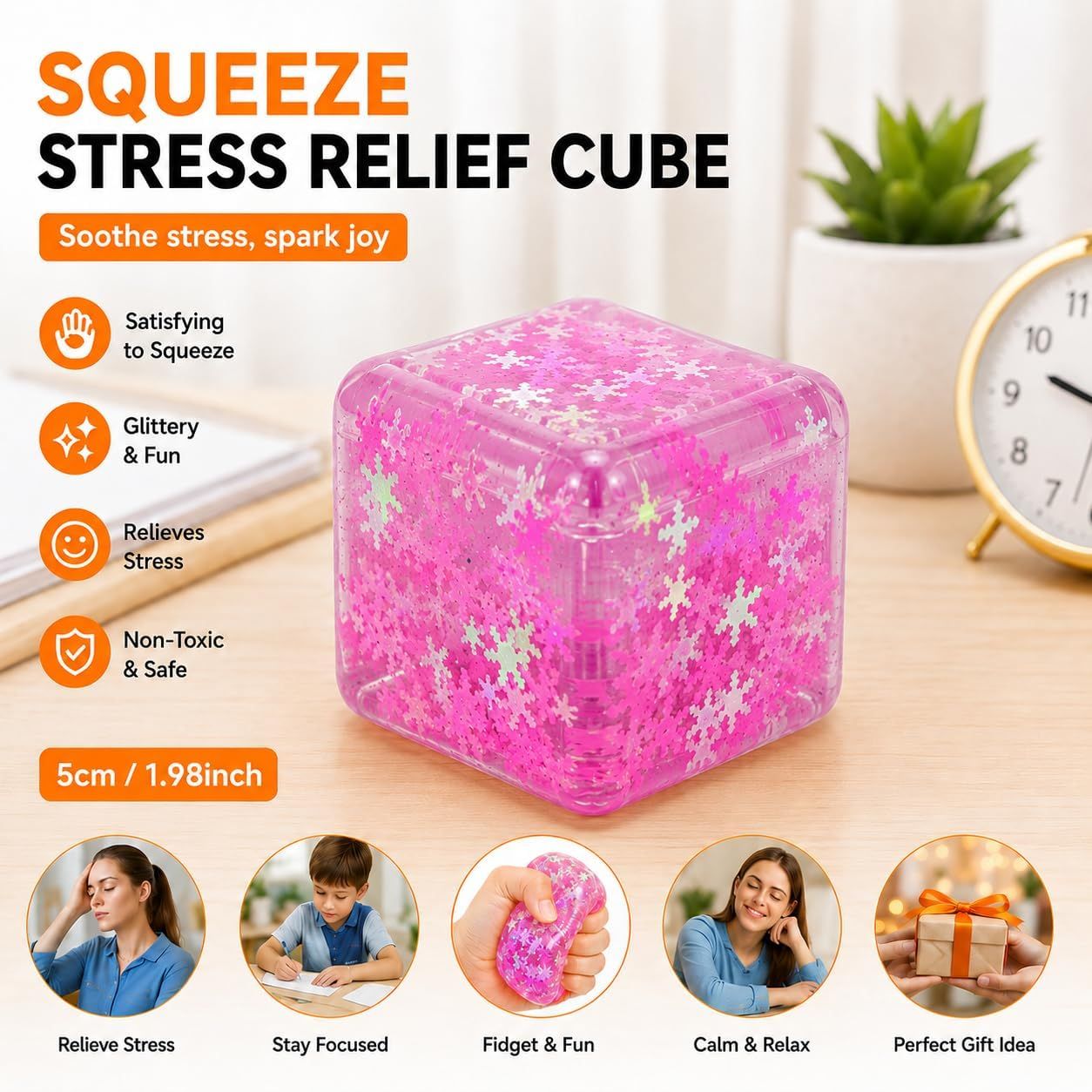 Ice Cube Squeeze Toy, Stress-Relief Sensory Toy, Slow Rebound Squeeze Cube, Suitable for Children and Adults, 1.98 Inch Snowflake Crushed Ice (Purple)