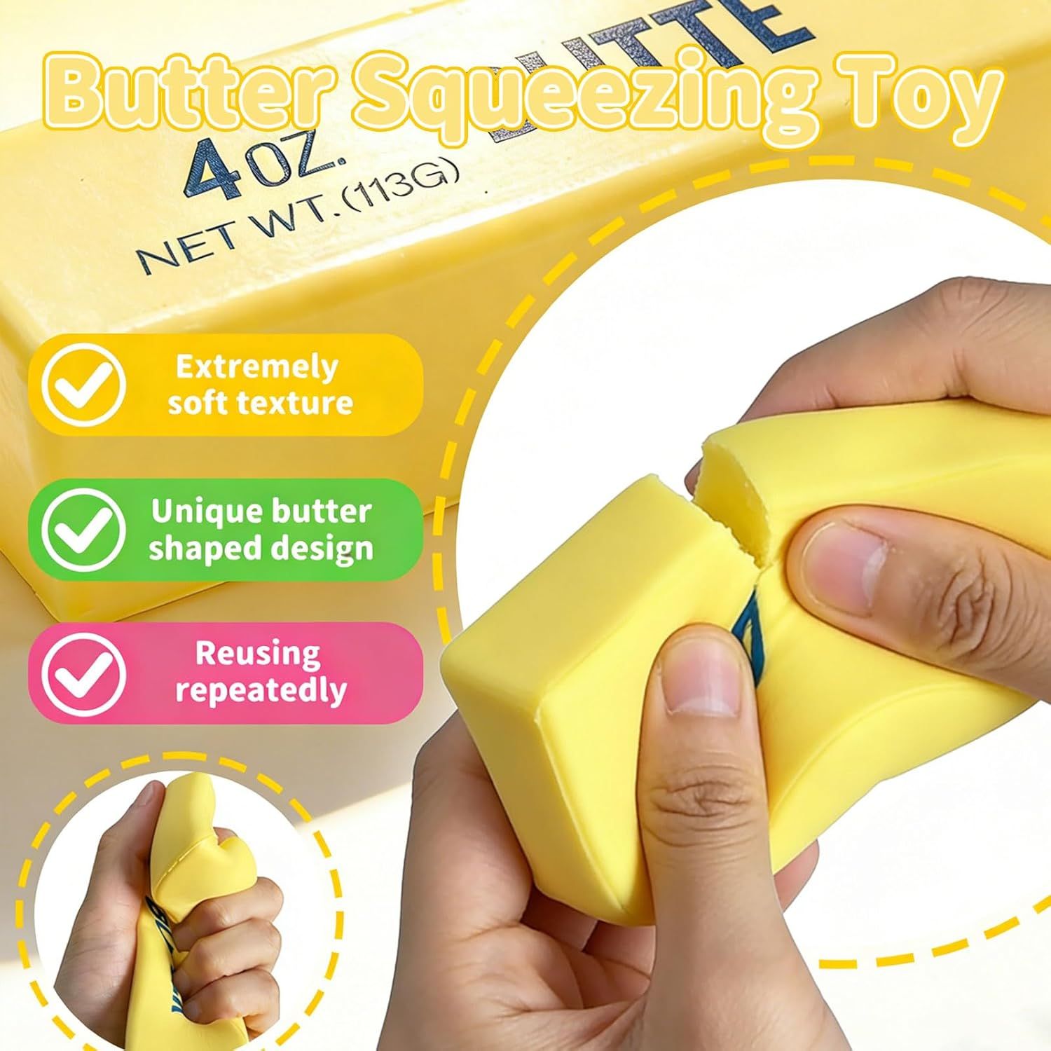 Slow Rebound Cute Butter Squeeze Stress Balls, 2026 New Realistic Soft Butter Stick Fidget Toy,Slow Rising Portable Squishy for Adults Anxiety & Stress Relief, Sensory Gifts for Office, Home（1pcs）