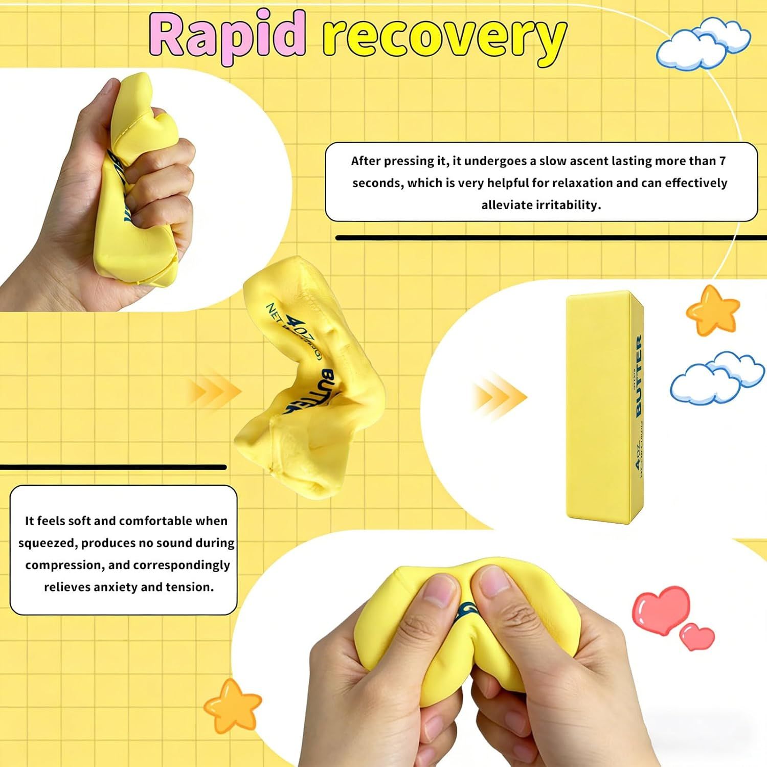 Slow Rebound Cute Butter Squeeze Stress Balls, 2026 New Realistic Soft Butter Stick Fidget Toy,Slow Rising Portable Squishy for Adults Anxiety & Stress Relief, Sensory Gifts for Office, Home（1pcs）