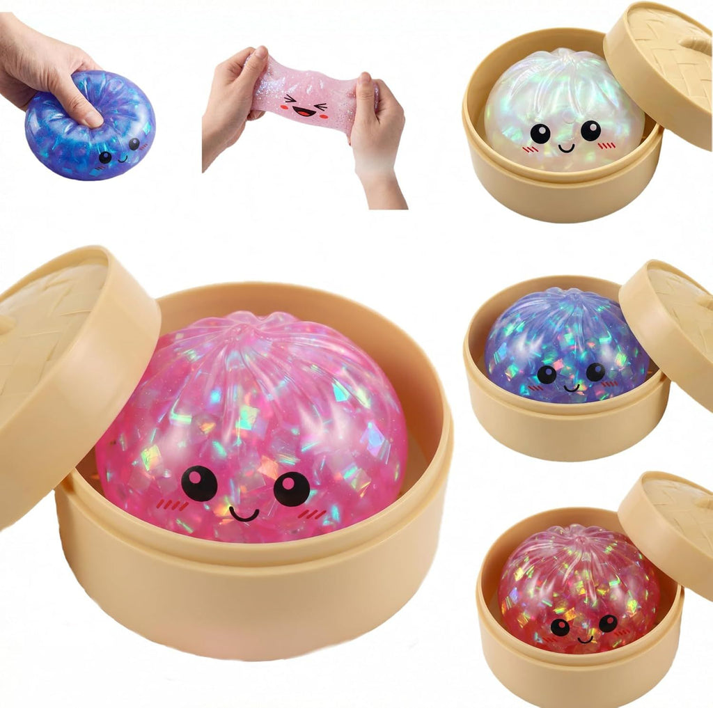 Glitter Dumpling Squishy Toy Dumpling Stress Ball with Steamer Case, Stress Relief Fidget Toy for Adults, Cute Squeeze Desk Toy Portable Toy Gift Idea (Shimmer Pink)