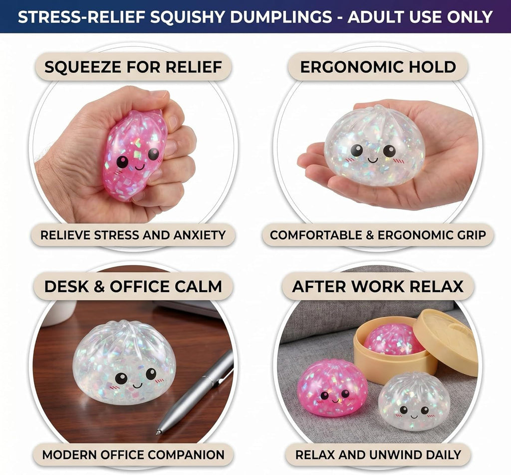 Glitter Dumpling Squishy Toy Dumpling Stress Ball with Steamer Case, Stress Relief Fidget Toy for Adults, Cute Squeeze Desk Toy Portable Toy Gift Idea (Shimmer Pink)