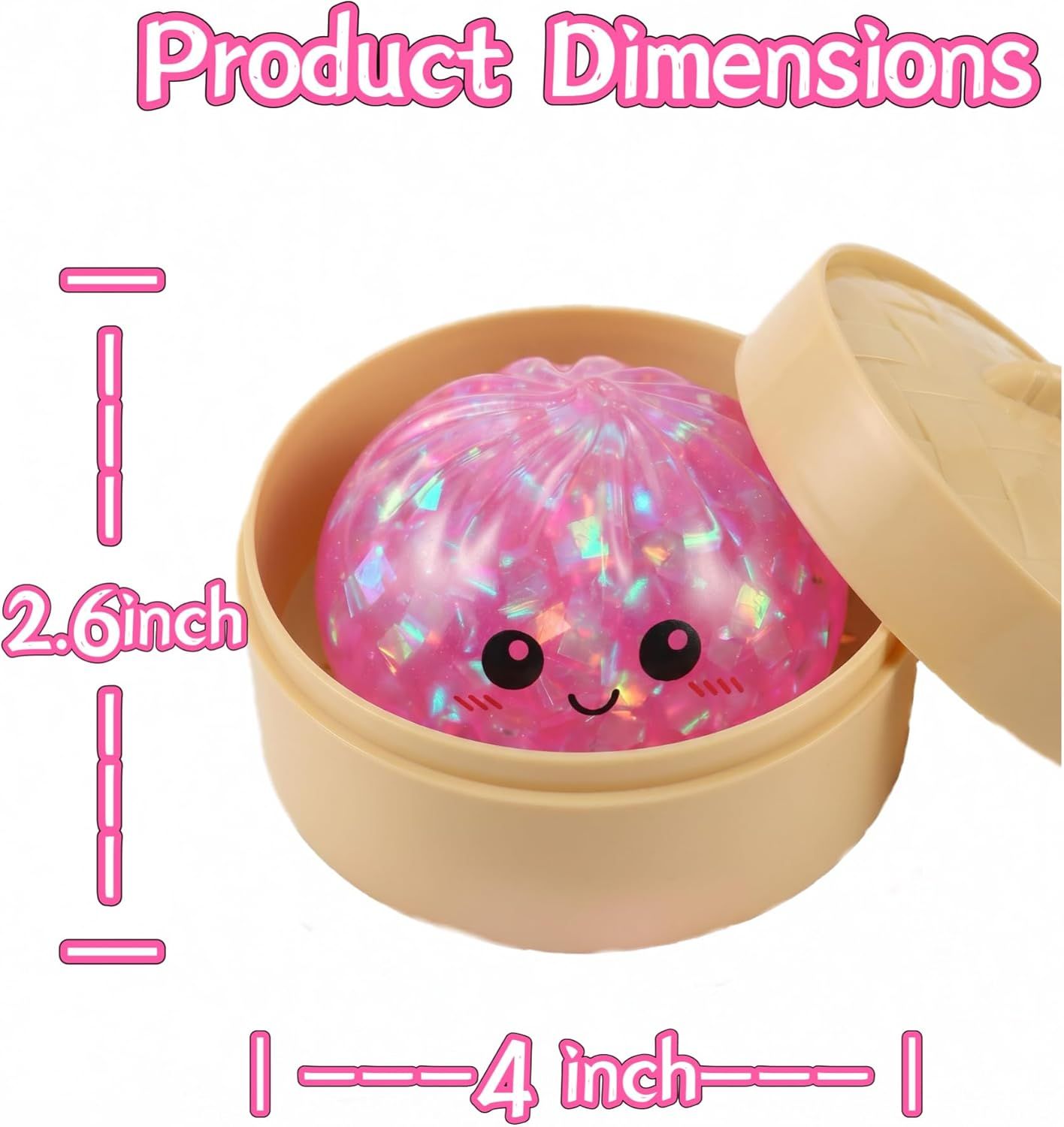Glitter Dumpling Squishy Toy Dumpling Stress Ball with Steamer Case, Stress Relief Fidget Toy for Adults, Cute Squeeze Desk Toy Portable Toy Gift Idea (Shimmer Pink)