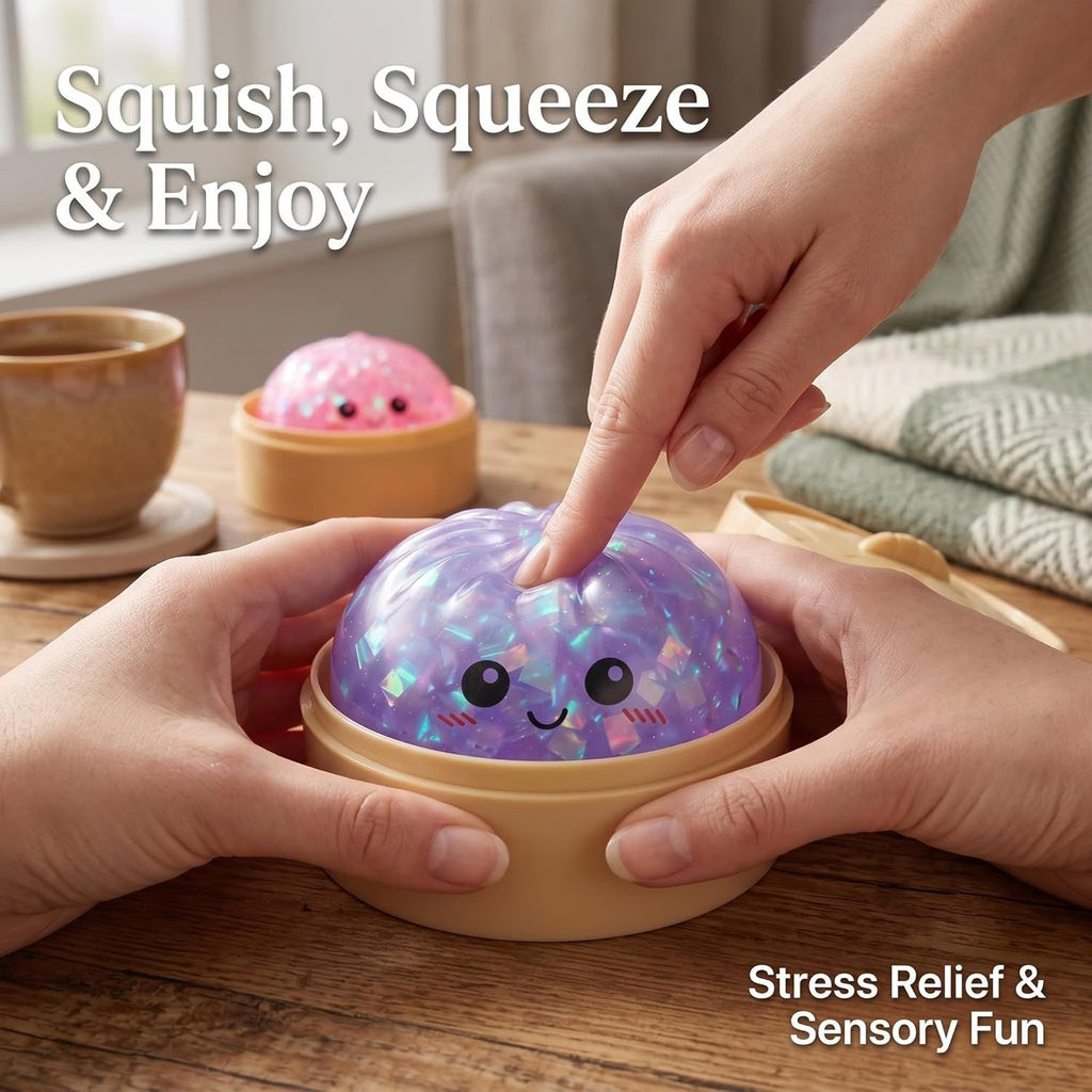 Glitter Dumpling Squishy Toy Dumpling Stress Ball with Steamer Case, Stress Relief Fidget Toy for Adults, Cute Squeeze Desk Toy Portable Toy Gift Idea (Shimmer Pink)