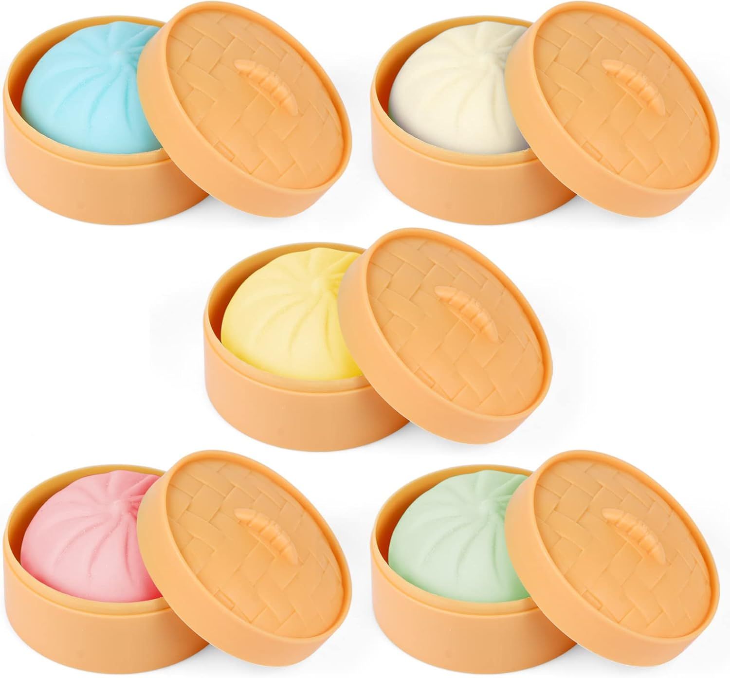 5 PCS Colorful Dumpling Stress Balls Fidget Sensory Toy,Squeeze Dough Ball Stress Relief Hand Toy,Bun with Food Steamer Stretchy Desk Toys
