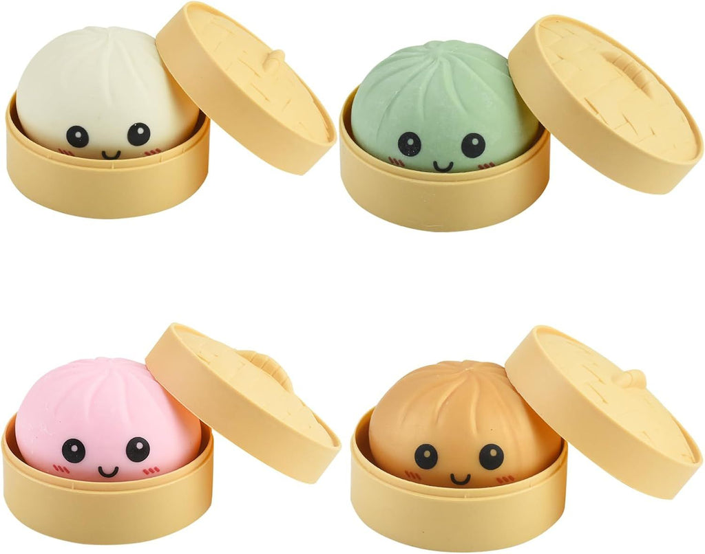 4 PCS Smiling face Colorful Dumpling Stress Balls Fidget Sensory Toy,Squeeze Dough Ball Stress Relief Hand Toy,Bun with Food Steamer Stretchy Desk Toys