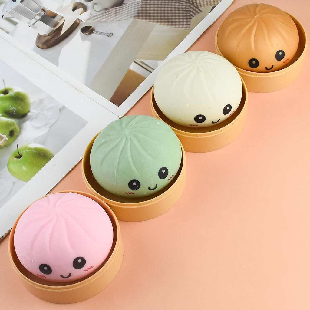 4 PCS Smiling face Colorful Dumpling Stress Balls Fidget Sensory Toy,Squeeze Dough Ball Stress Relief Hand Toy,Bun with Food Steamer Stretchy Desk Toys
