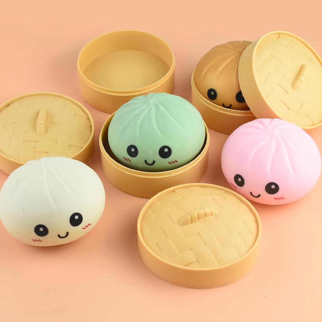 4 PCS Smiling face Colorful Dumpling Stress Balls Fidget Sensory Toy,Squeeze Dough Ball Stress Relief Hand Toy,Bun with Food Steamer Stretchy Desk Toys