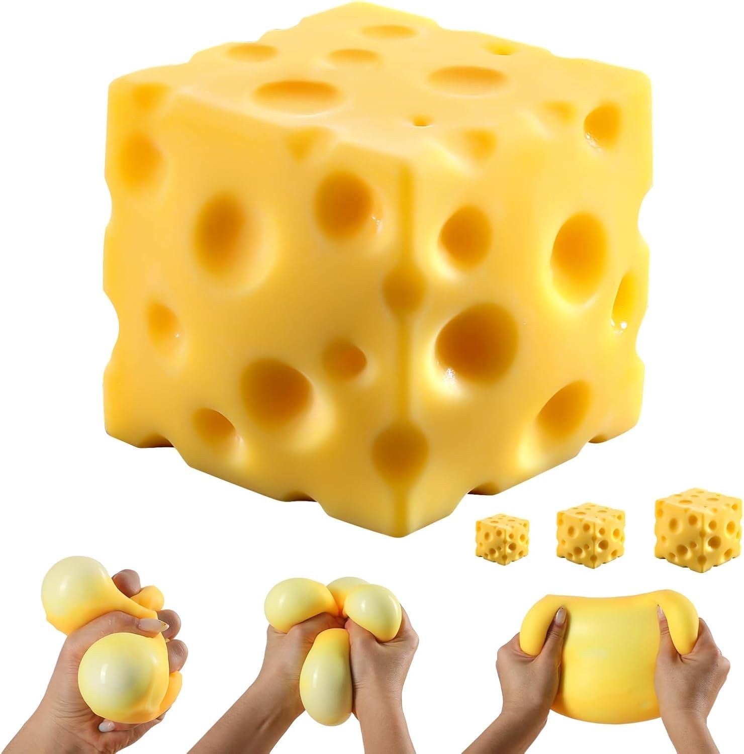 Cheese Squishy Cube Block, Squishy Fidget Toys for Adults & Teens, Easter Basket Stocking Stuffers, Sensory Stress Ball Squeeze Toys for Stress Relief (Yellow 2.4 in)