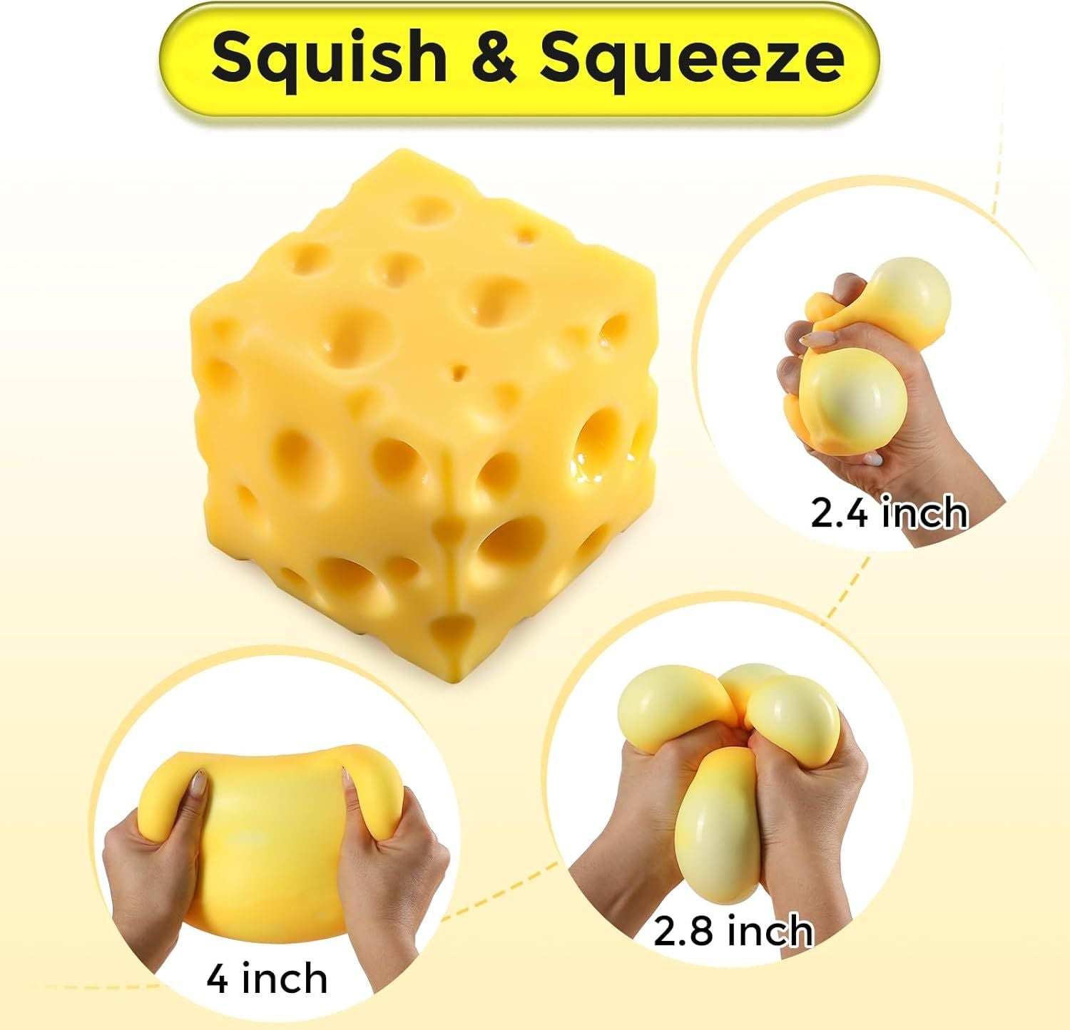 Cheese Squishy Cube Block, Squishy Fidget Toys for Adults & Teens, Easter Basket Stocking Stuffers, Sensory Stress Ball Squeeze Toys for Stress Relief (Yellow 2.4 in)