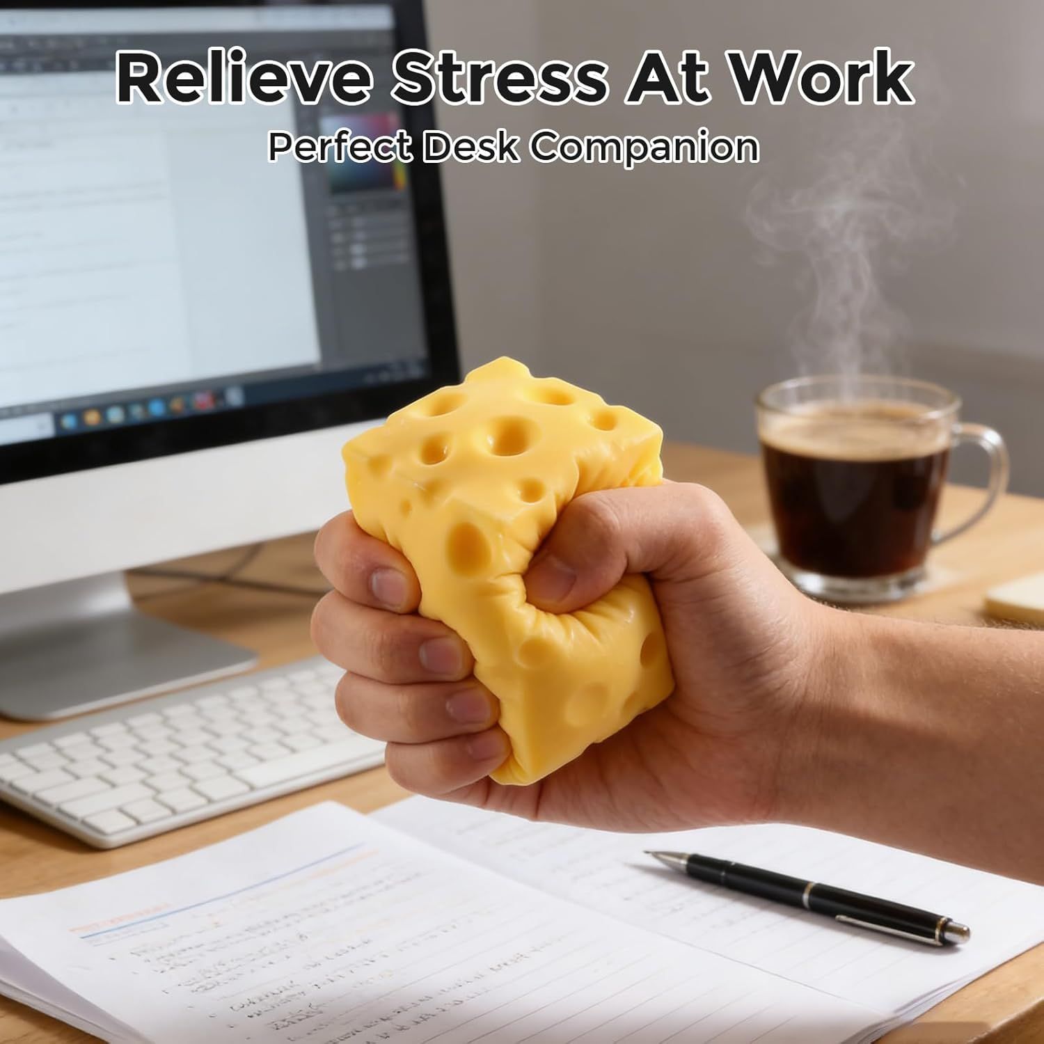 Cheese Squishy Cube Block, Squishy Fidget Toys for Adults & Teens, Easter Basket Stocking Stuffers, Sensory Stress Ball Squeeze Toys for Stress Relief (Yellow 2.4 in)