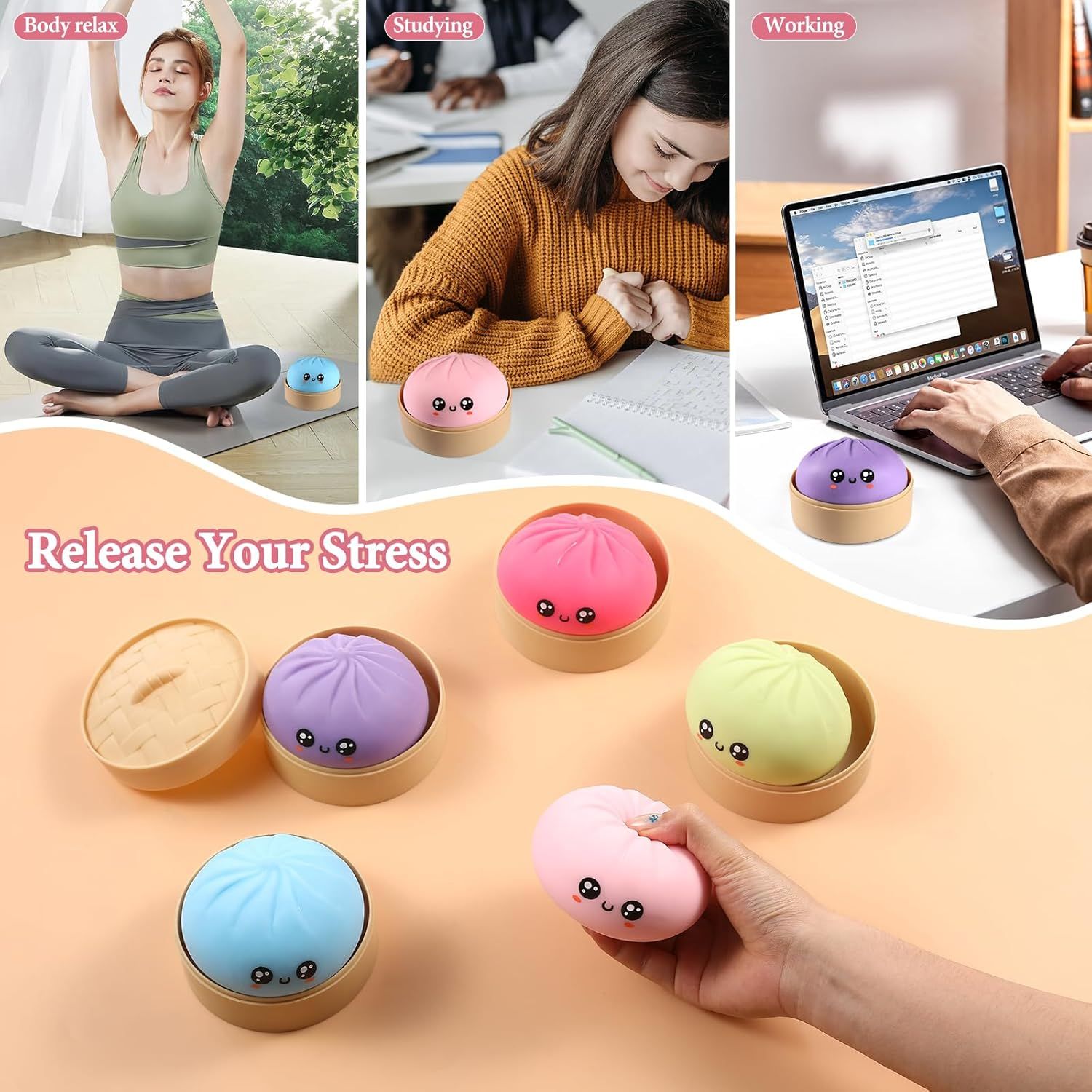 Dumpling Squishy, Dumpling Squishy Mystery Box, Cute Big Squishy Dumpling Stress Ball Fidget Sensory Toy for Adults Anxiety Relief, Novelty Squeeze Ball for Office Desk (Pink)