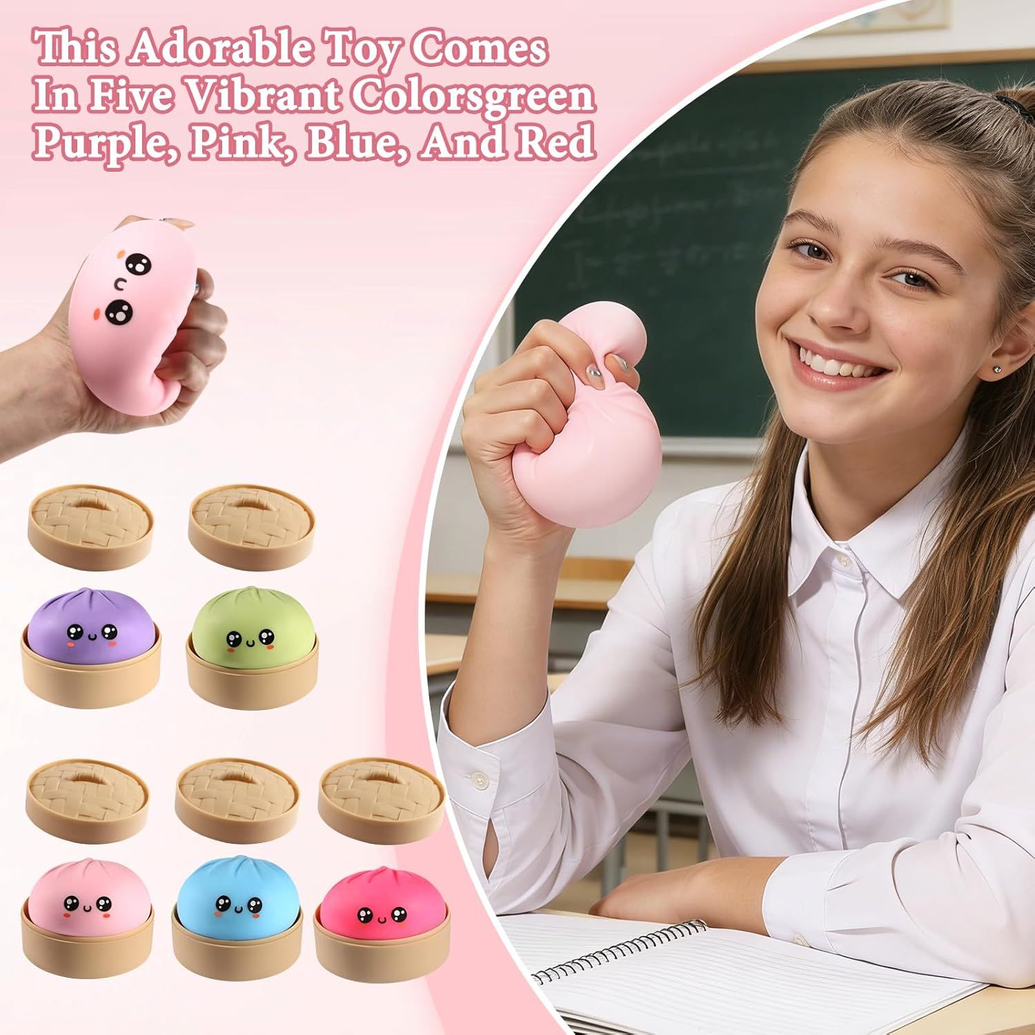 Dumpling Squishy, Dumpling Squishy Mystery Box, Cute Big Squishy Dumpling Stress Ball Fidget Sensory Toy for Adults Anxiety Relief, Novelty Squeeze Ball for Office Desk (Pink)