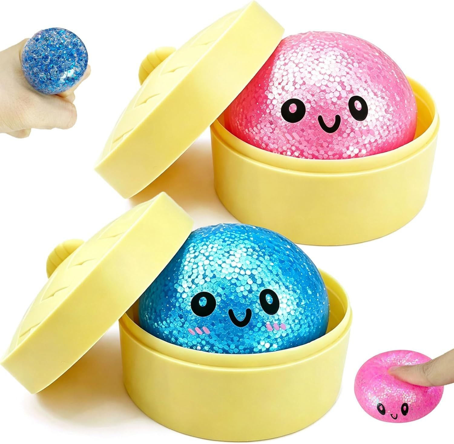 2PCS Mini Glitter Dumpling Squishy, 2026 Upgrade Dumling Mystery Box, Colorful Dumplings Stress Balls Fidget Sensory, Fidget Squeeze Toy for Holiday & Birthday Gifts (Blue+Pink)
