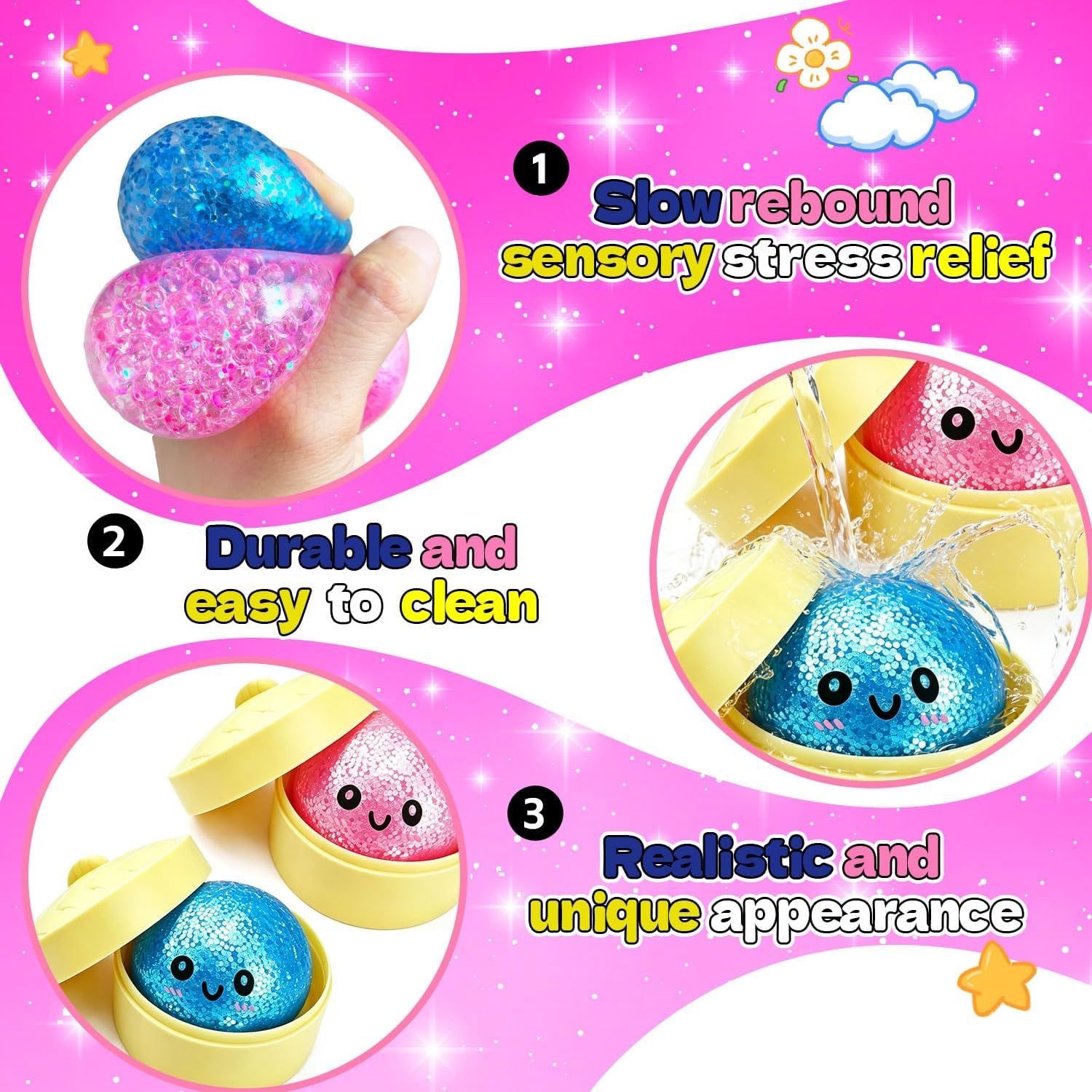2PCS Mini Glitter Dumpling Squishy, 2026 Upgrade Dumling Mystery Box, Colorful Dumplings Stress Balls Fidget Sensory, Fidget Squeeze Toy for Holiday & Birthday Gifts (Blue+Pink)