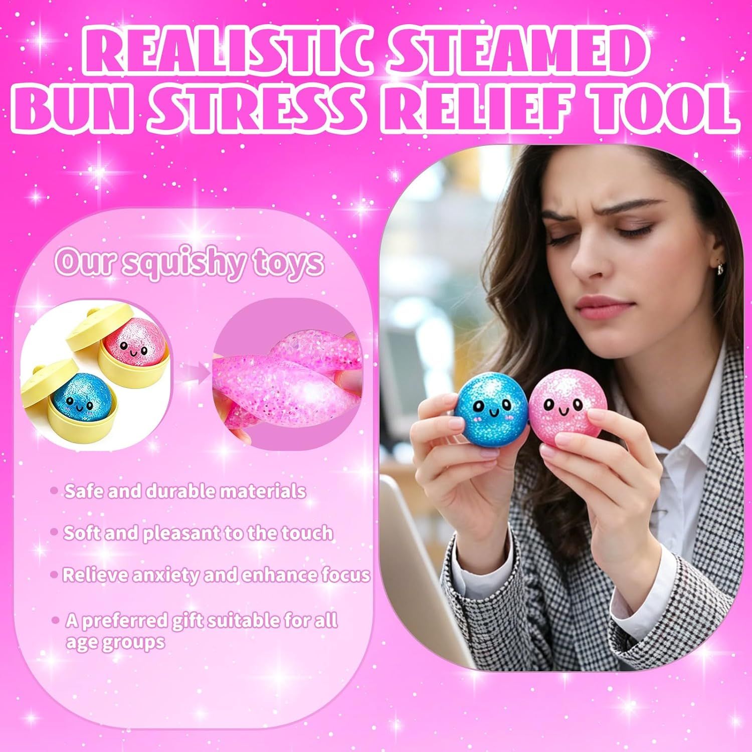 2PCS Mini Glitter Dumpling Squishy, 2026 Upgrade Dumling Mystery Box, Colorful Dumplings Stress Balls Fidget Sensory, Fidget Squeeze Toy for Holiday & Birthday Gifts (Blue+Pink)