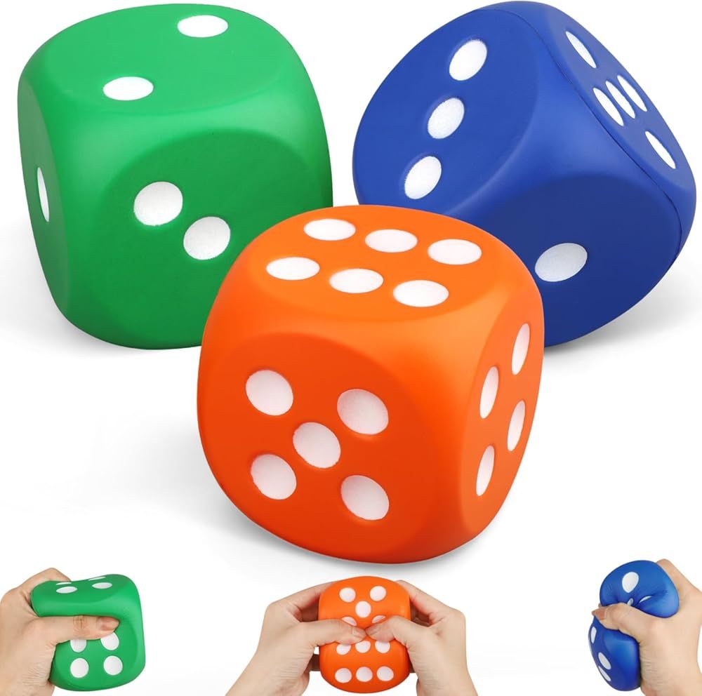 Large 3 Inch Foam Fidget Dice Toys, Jumbo Stress Toy Relief Big Dice, Squeeze Squishy Giant Large Fidgets Cube for Family Board Game Classroom Party Favors Bag Stuffer (3 Pack)