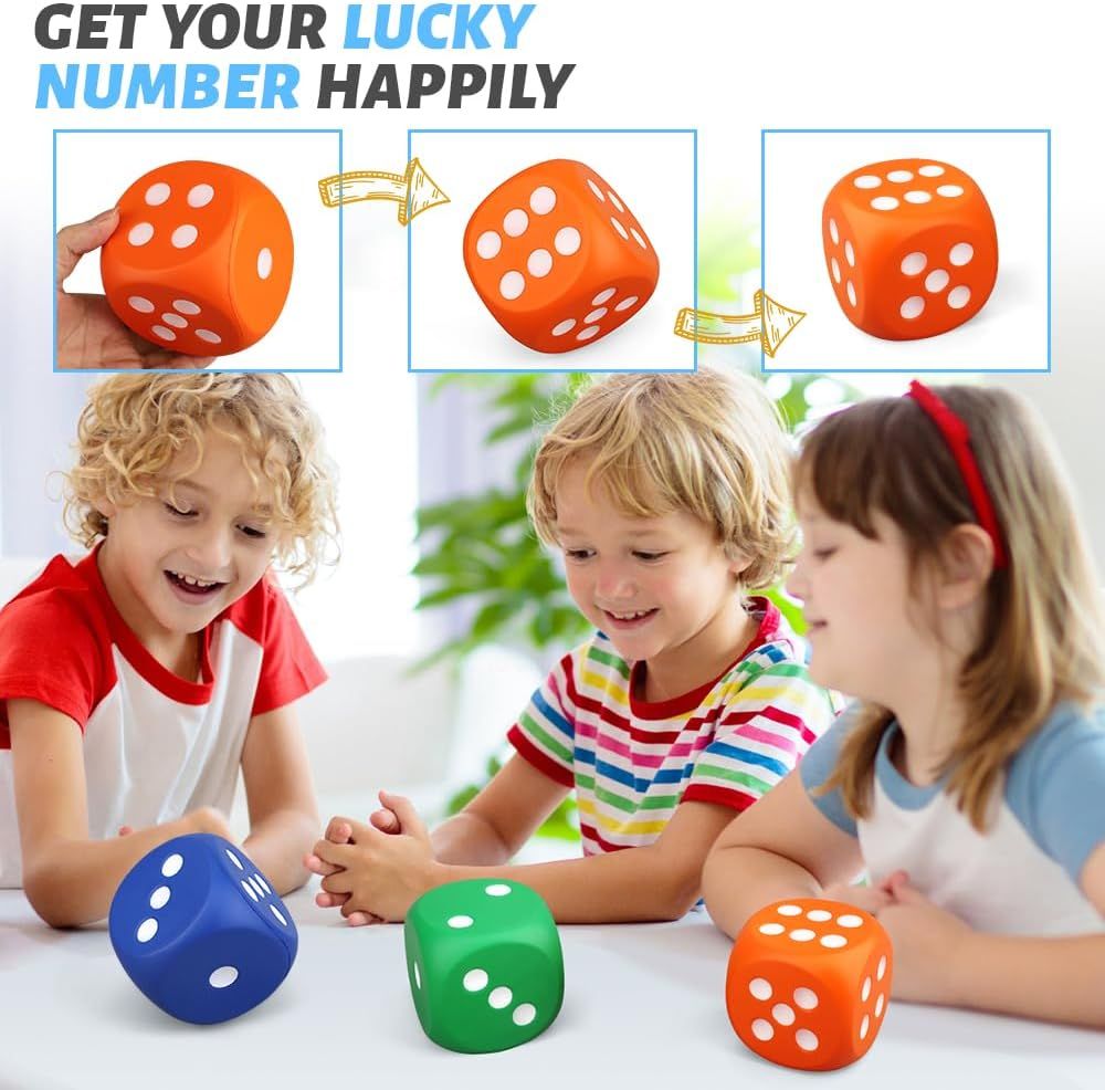 Large 3 Inch Foam Fidget Dice Toys, Jumbo Stress Toy Relief Big Dice, Squeeze Squishy Giant Large Fidgets Cube for Family Board Game Classroom Party Favors Bag Stuffer (3 Pack)