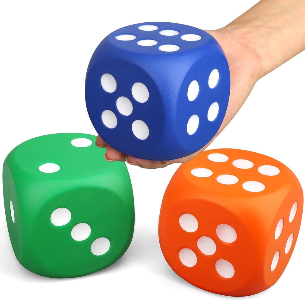 Large 3 Inch Foam Fidget Dice Toys, Jumbo Stress Toy Relief Big Dice, Squeeze Squishy Giant Large Fidgets Cube for Family Board Game Classroom Party Favors Bag Stuffer (3 Pack)