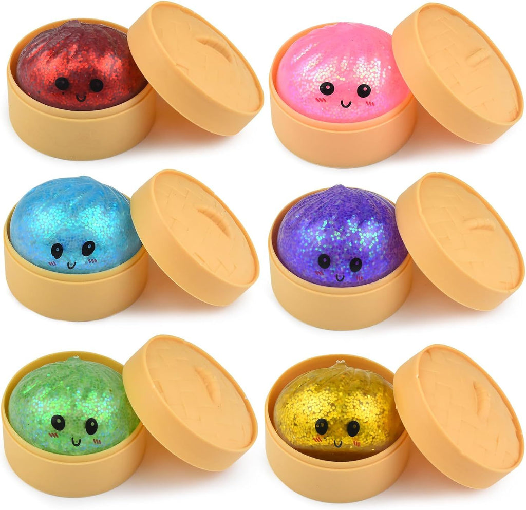6 PCS Glitter Smiling face Colorful Dumpling Stress Balls Fidget Sensory Toy,Squeeze Dough Ball Stress Relief Hand Toy,Bun with Food Steamer Stretchy Desk Toys