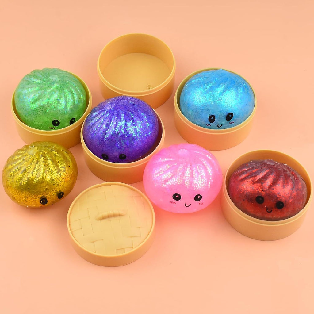 6 PCS Glitter Smiling face Colorful Dumpling Stress Balls Fidget Sensory Toy,Squeeze Dough Ball Stress Relief Hand Toy,Bun with Food Steamer Stretchy Desk Toys