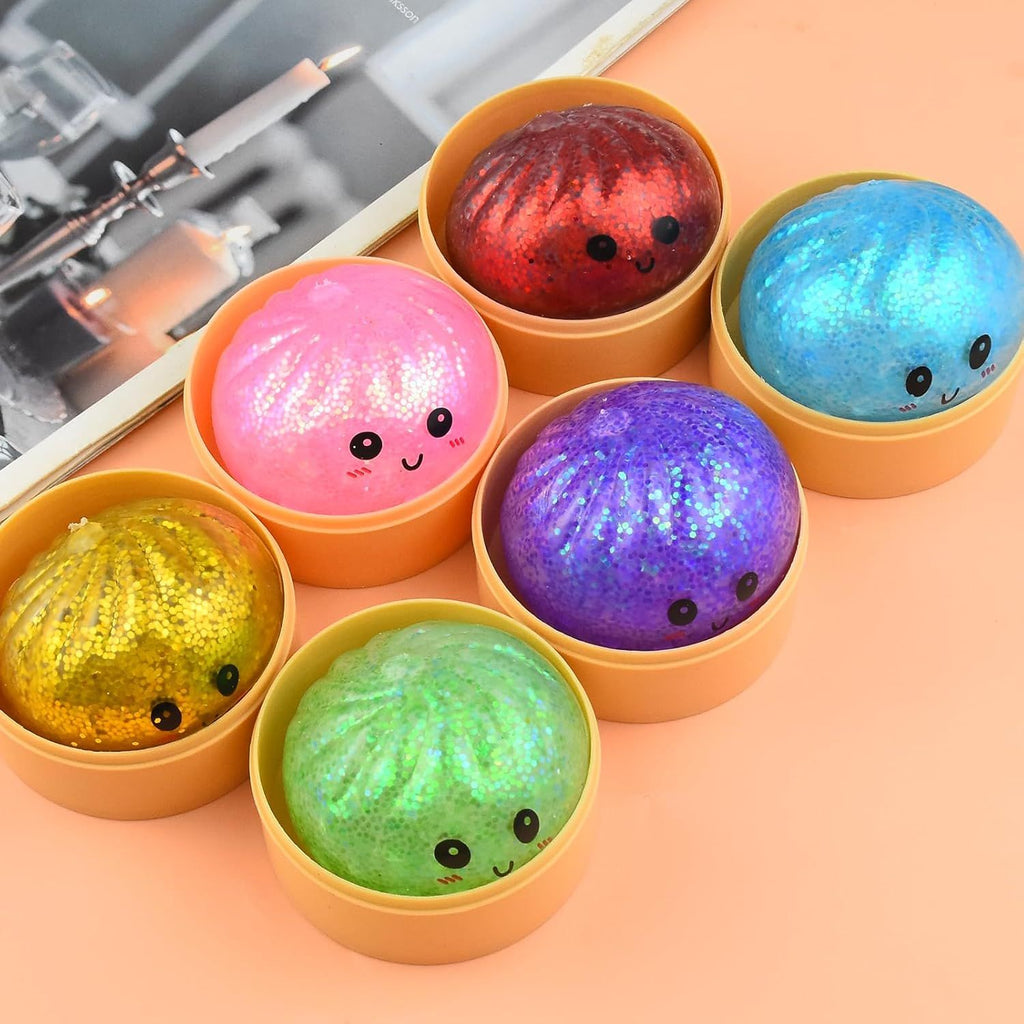 6 PCS Glitter Smiling face Colorful Dumpling Stress Balls Fidget Sensory Toy,Squeeze Dough Ball Stress Relief Hand Toy,Bun with Food Steamer Stretchy Desk Toys
