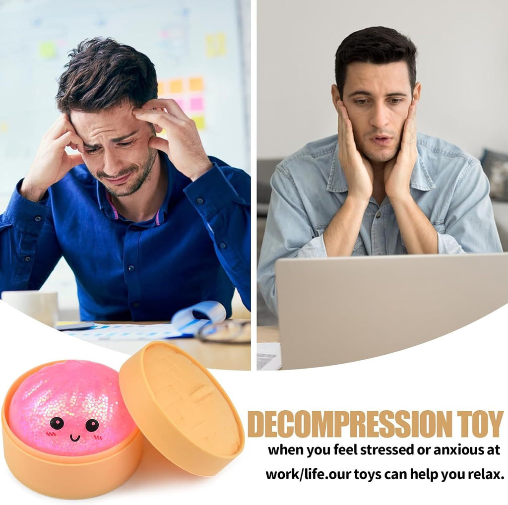 6 PCS Glitter Smiling face Colorful Dumpling Stress Balls Fidget Sensory Toy,Squeeze Dough Ball Stress Relief Hand Toy,Bun with Food Steamer Stretchy Desk Toys