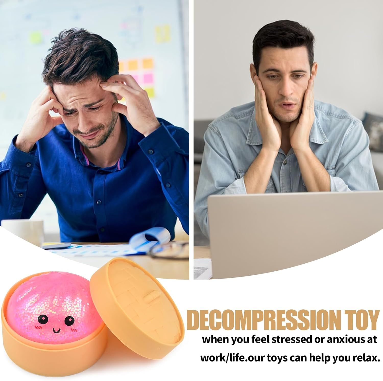 6 PCS Glitter Smiling face Colorful Dumpling Stress Balls Fidget Sensory Toy,Squeeze Dough Ball Stress Relief Hand Toy,Bun with Food Steamer Stretchy Desk Toys