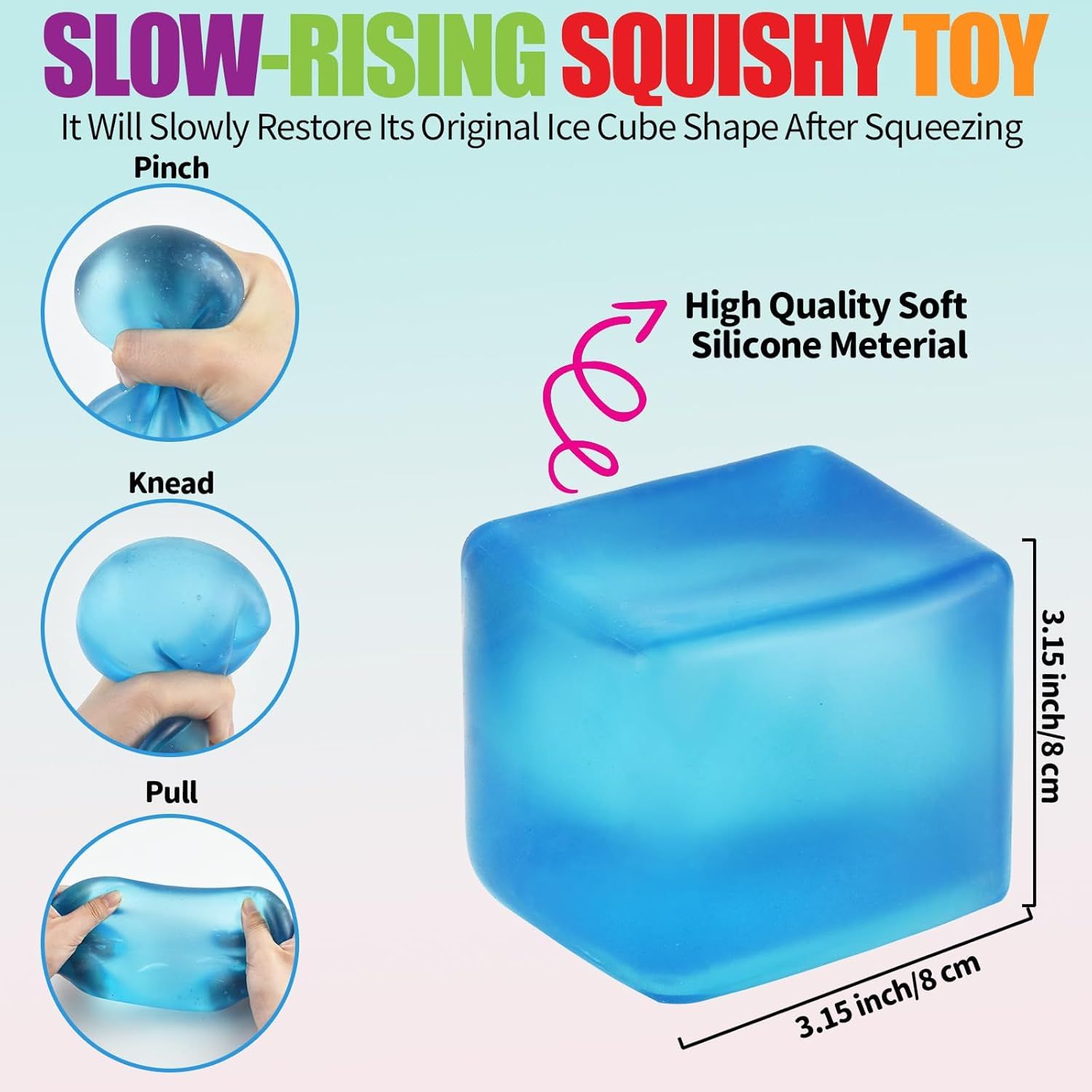Giant Stress Cube - 3.15" Cube-Sensory Fidget Squeeze Toy with Super Solid Squish-Slow Rising Ice Cube Stress Balls-Stress Relief Hand Toy (Blue)