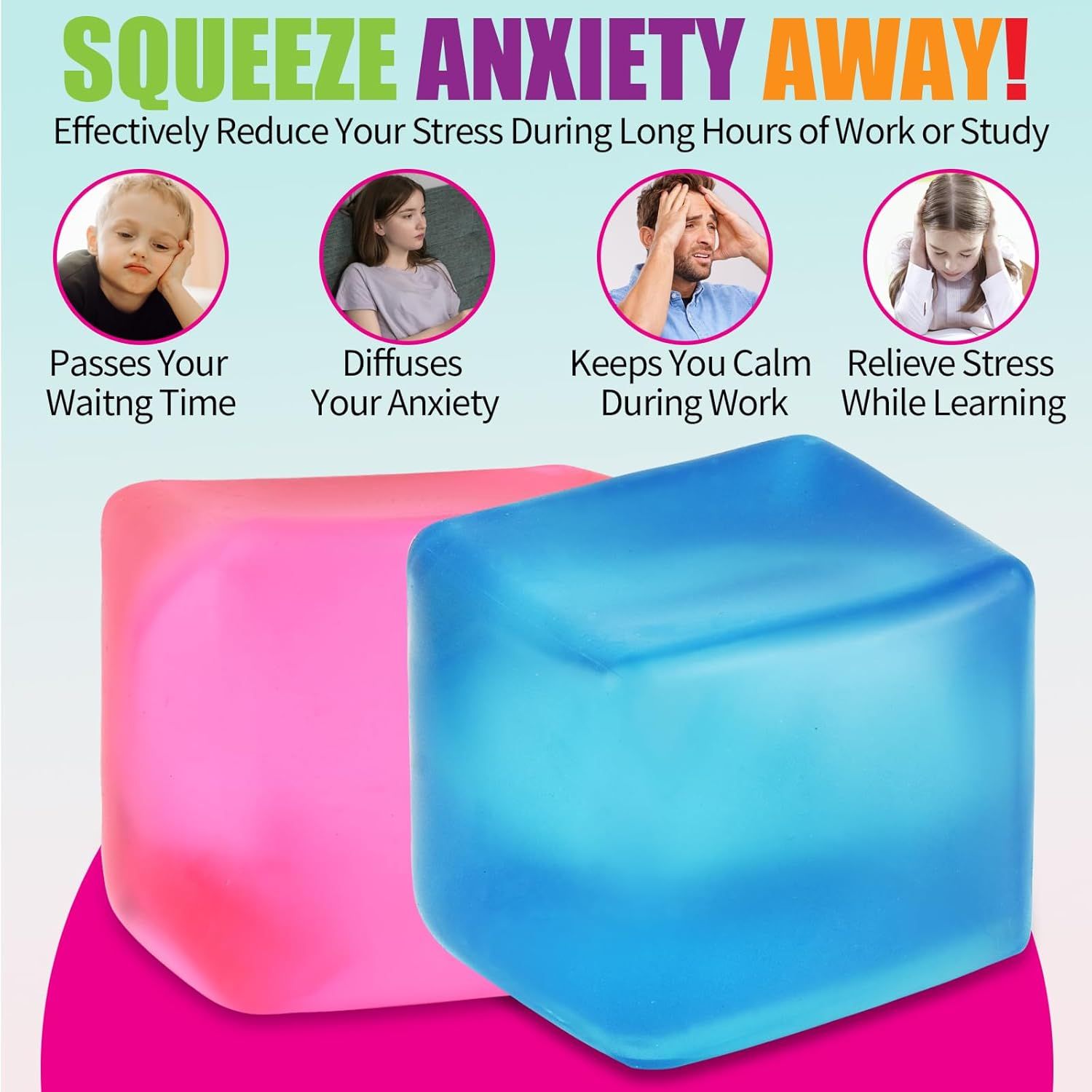 Giant Stress Cube - 3.15" Cube-Sensory Fidget Squeeze Toy with Super Solid Squish-Slow Rising Ice Cube Stress Balls-Stress Relief Hand Toy (Blue)