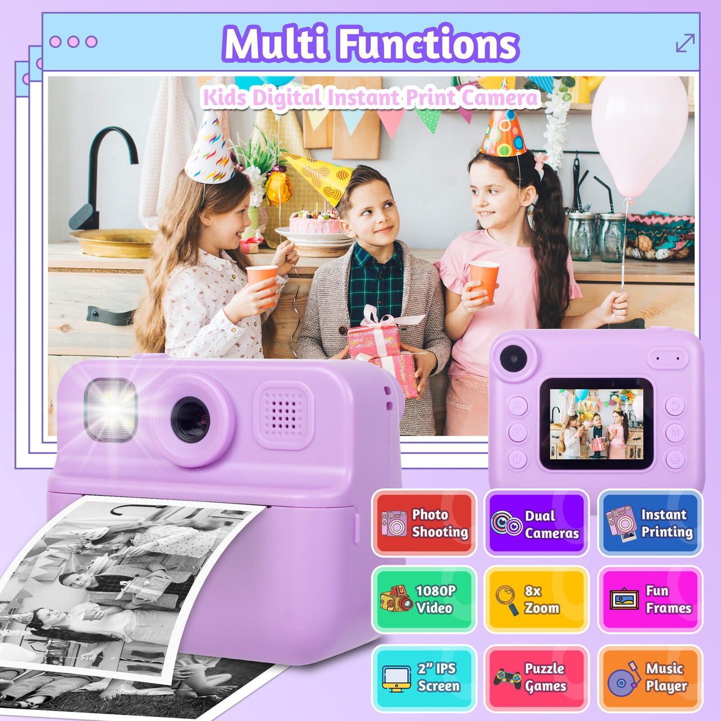 Kids 48MP Instant Print Camera with Dual Lens and 1080P HD Video