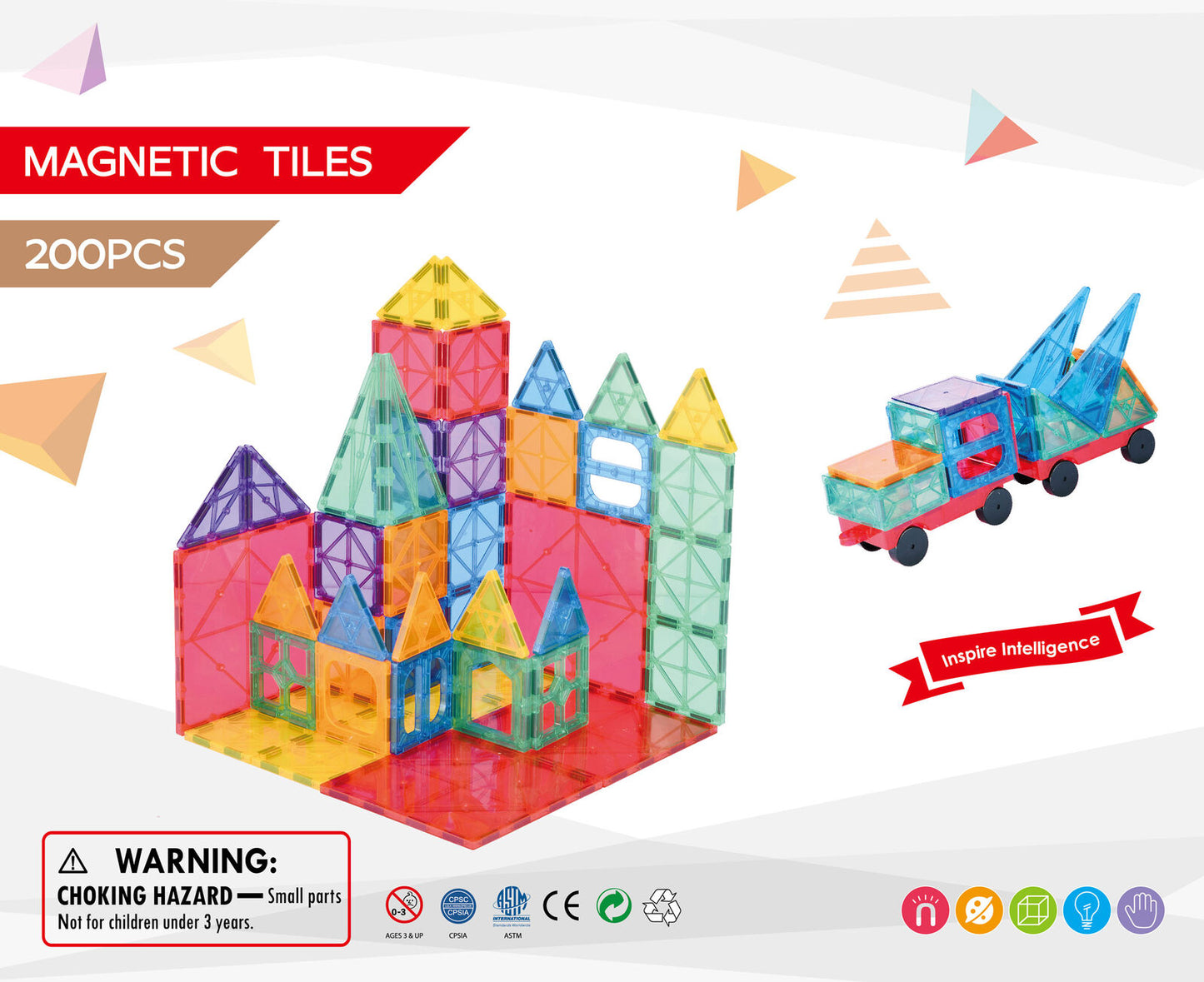 200 Pcs non-toxic STEM Educational, Durable Magnetic Tiles/Puzzle with Storage Bag