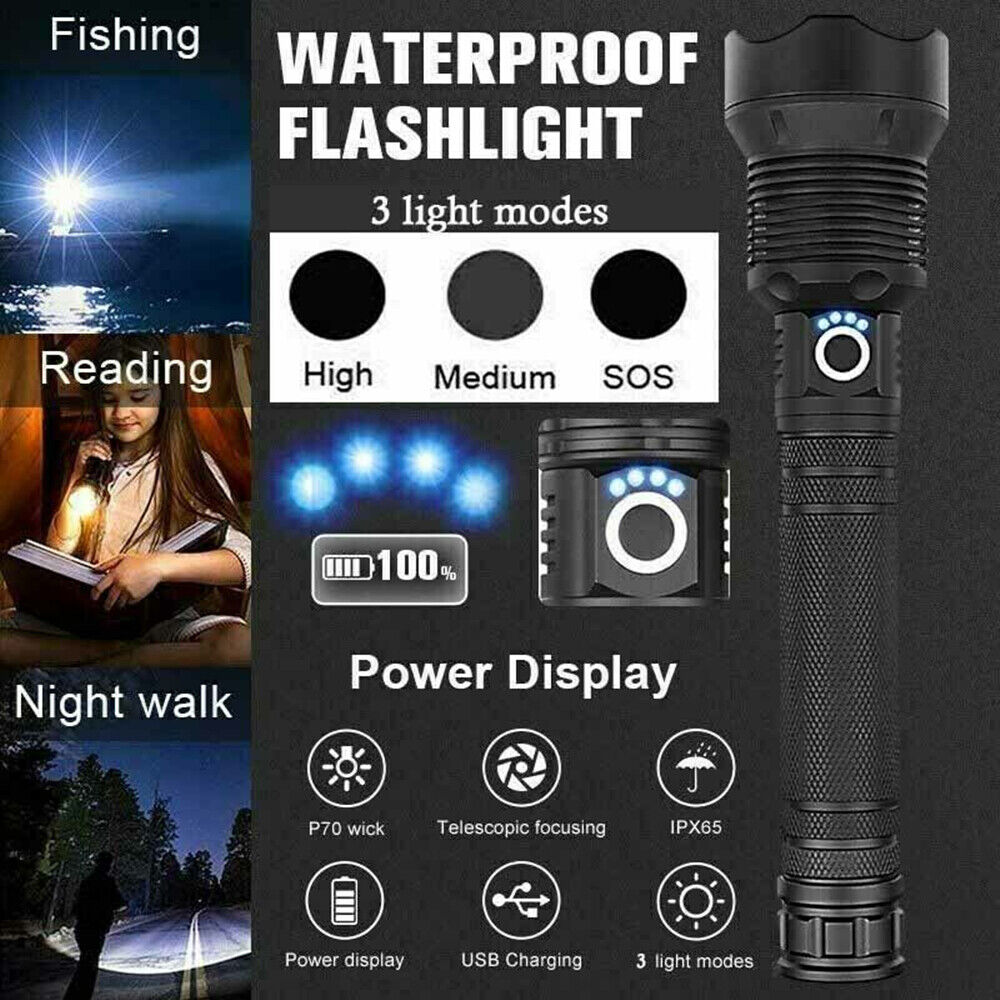 99000LM Ultra Bright LED Tactical Flashlight 3-Modes Zoom Torch USB Charging