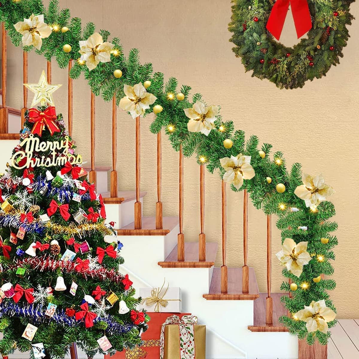2.7M Christmas Garland with Lights Rattan Artificial Garland Green for Indoor Home Fireplace Stair Decorations-Gold