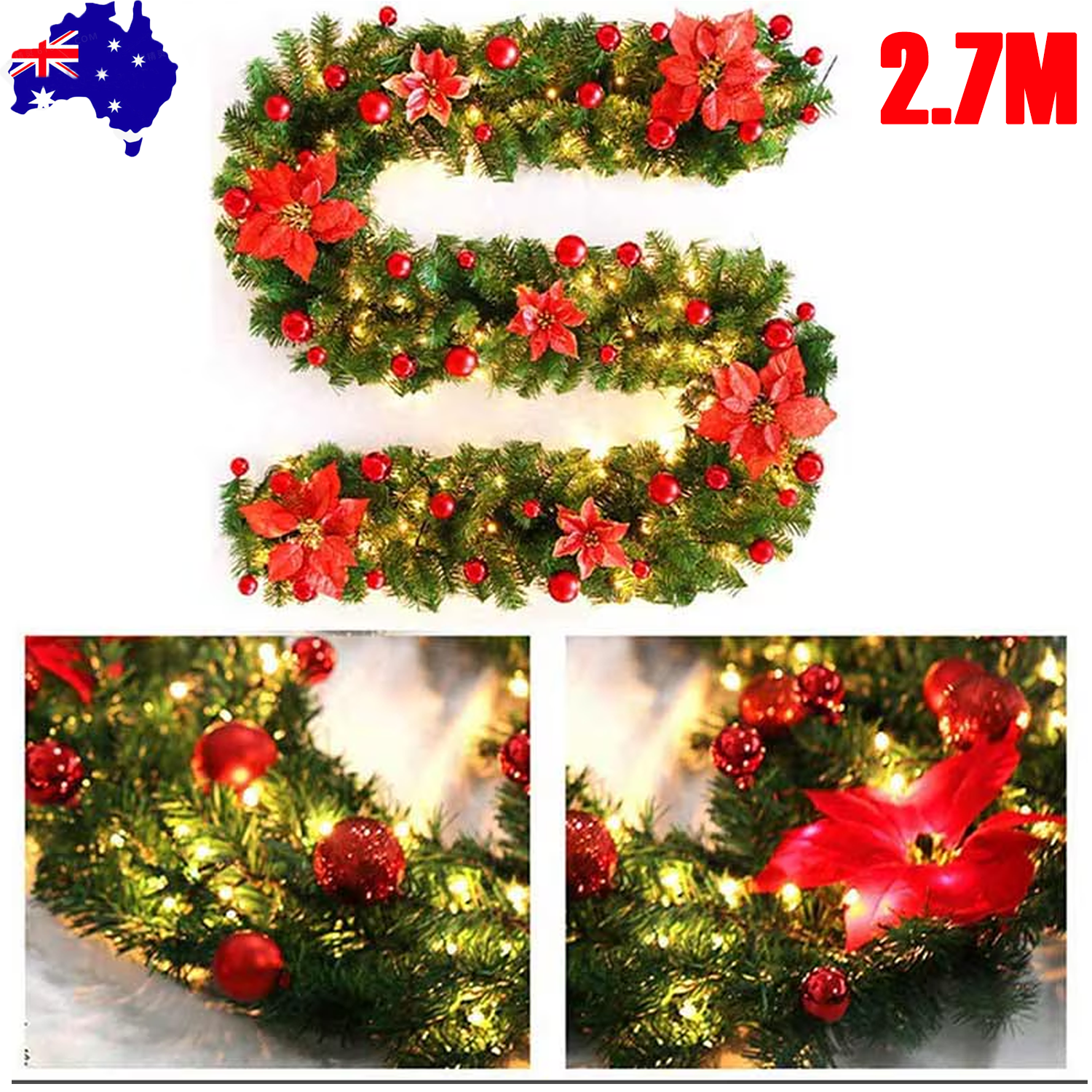 2.7M Christmas Garland with Lights Rattan Artificial Fireplace Wreath Stair Deco