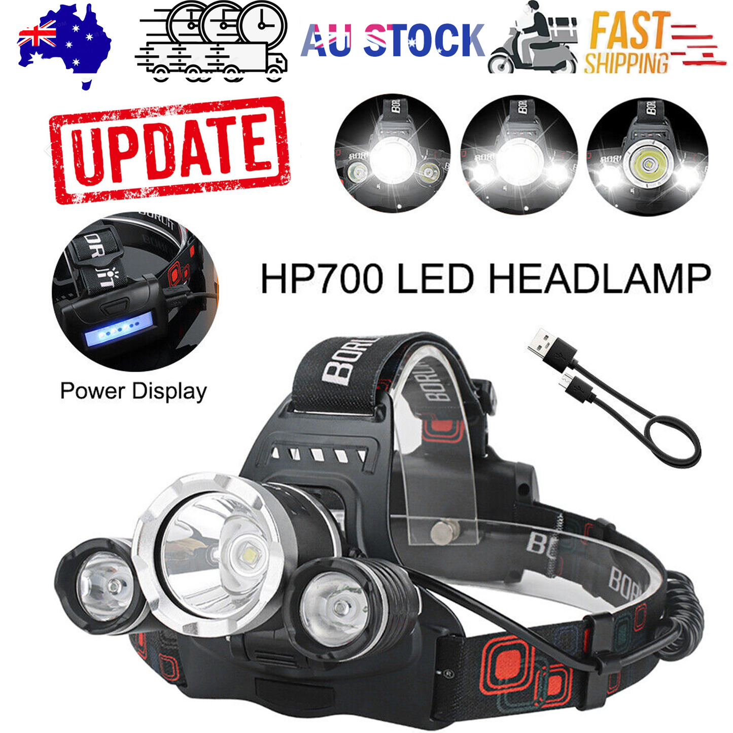 HP700 LED Headlamp Head Torch Lamp Rechargeable Light Headlight  Camping