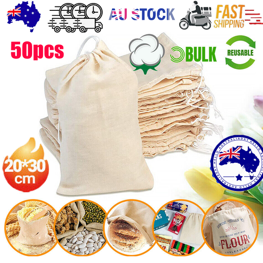 50Pcs 20X30cm Drawstring Storage Bags Calico Bags Linen Tote Gift Bag Bulk