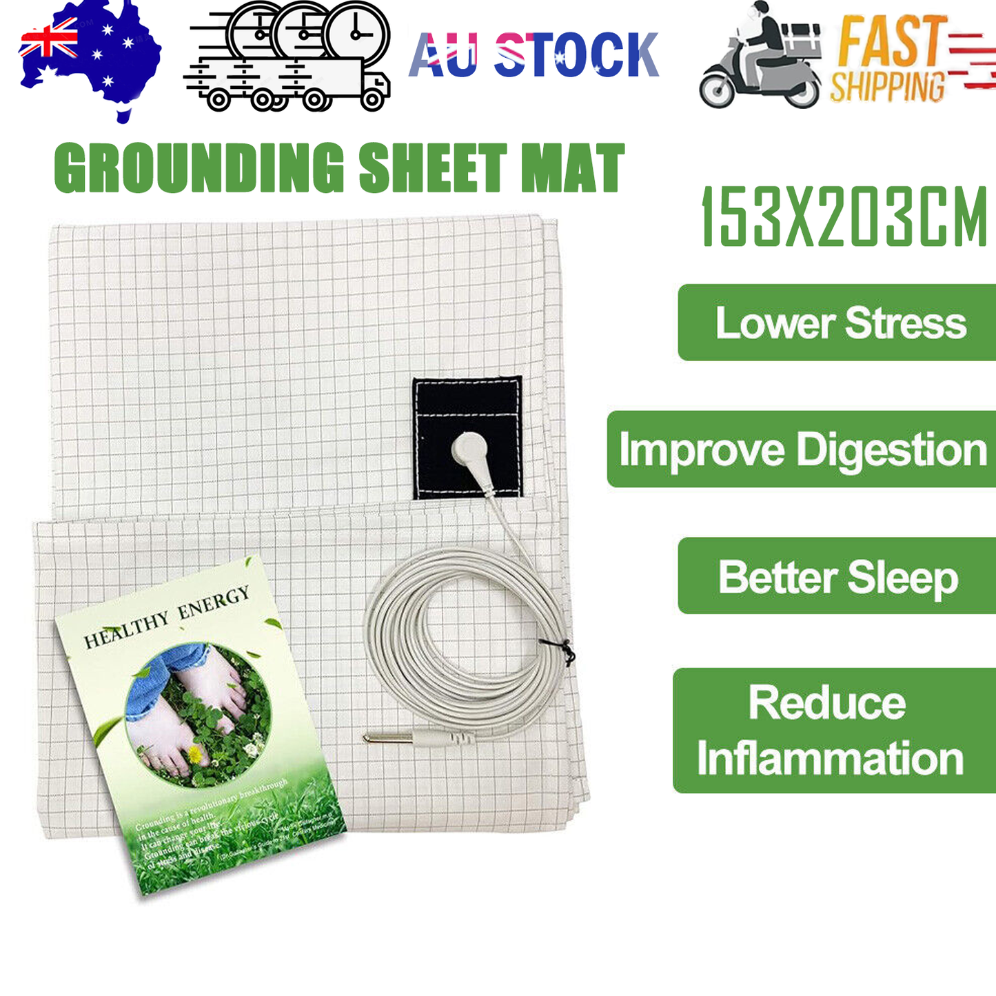 Bed Earthing Sheet Grounding Sheet Mat Large Bed Sheet Flat Sheet W/AU Plug 153x203cm