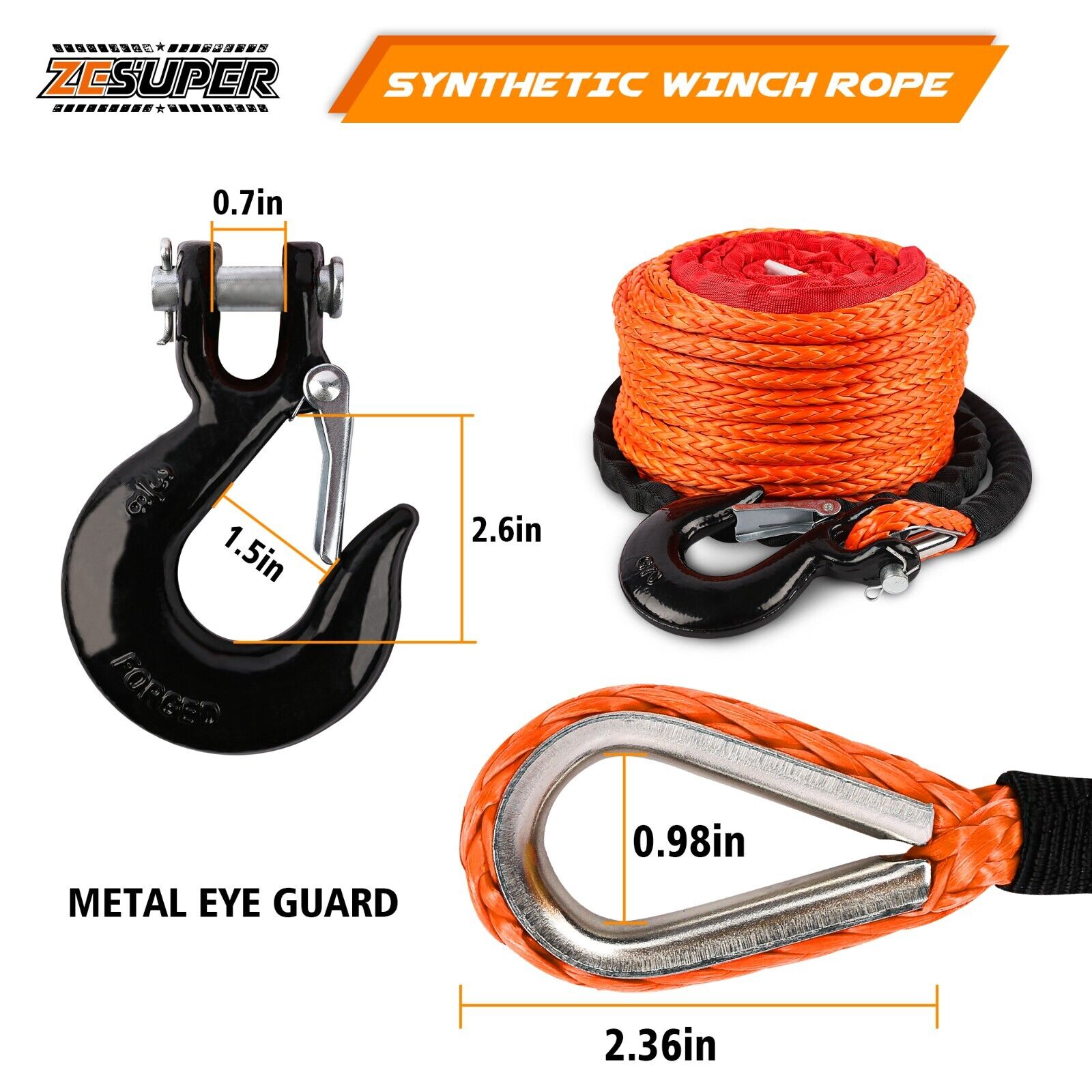 Winch Rope 9.5MM X 30M Dyneema SK75 Hook Synthetic Car Tow Recovery Cable Hook
