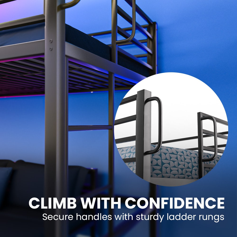 KINGSTON SLUMBER Single Loft Bed And Double Underbed, Multifunctional, Space Saving with Fixed Ladder, Matte Dark Grey