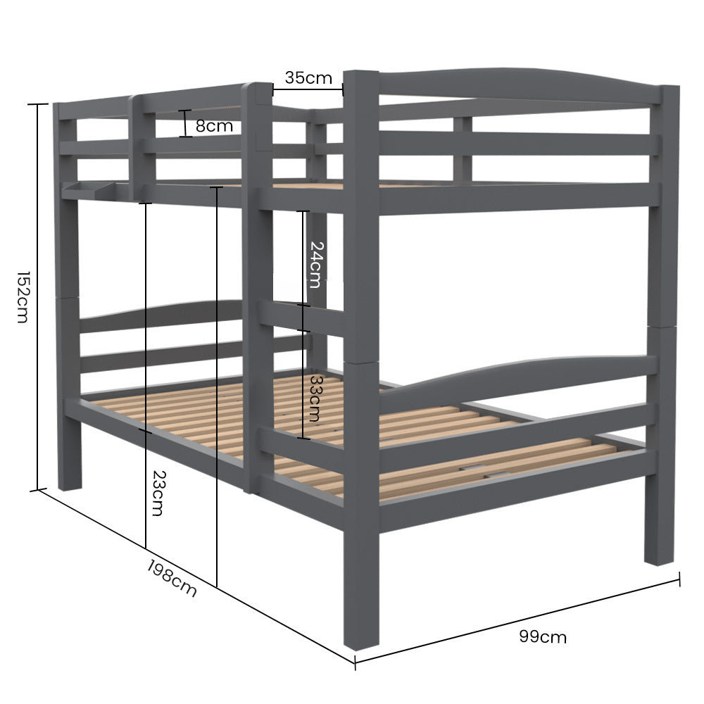 KINGSTON SLUMBER Single Bunk Bed Frame, Solid Pine 2-in-1 Modular Design, Converts to 2 Single Beds, For Kids, Grey