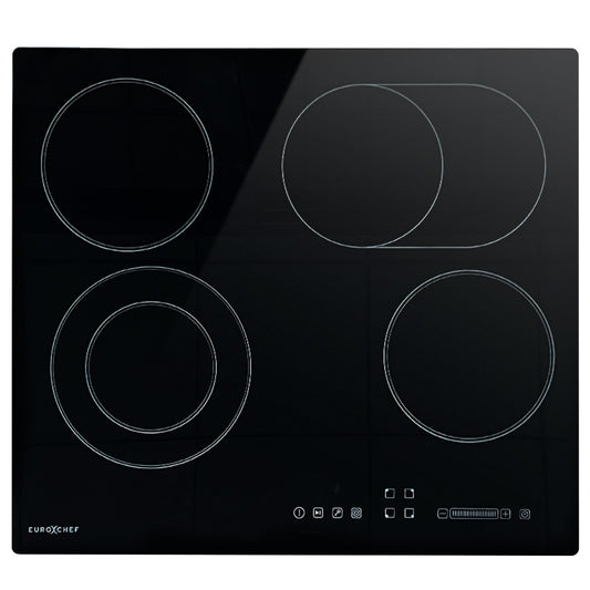 EuroChef 60cm 4 Zone Ceramic Cooktop, 6600W Electric, FlexiZone Adjustable Size Hobs, Touch Controls