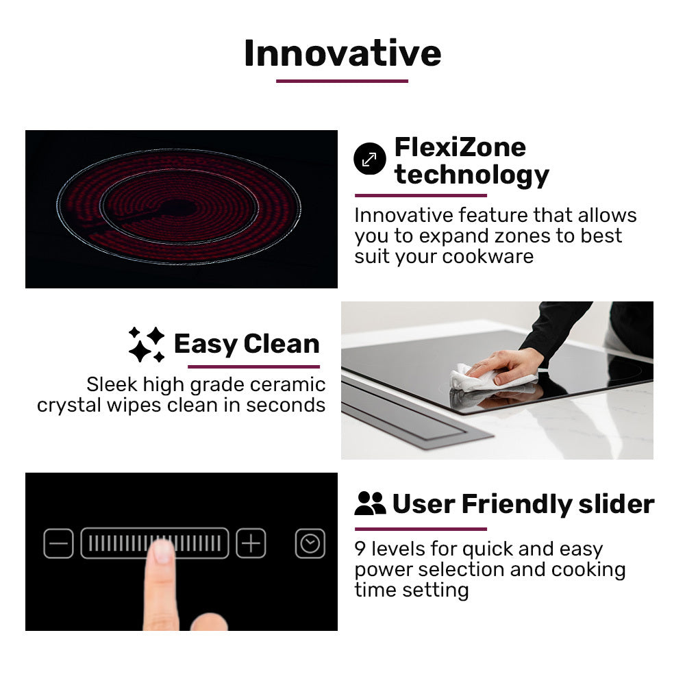 EuroChef 60cm 4 Zone Ceramic Cooktop, 6600W Electric, FlexiZone Adjustable Size Hobs, Touch Controls