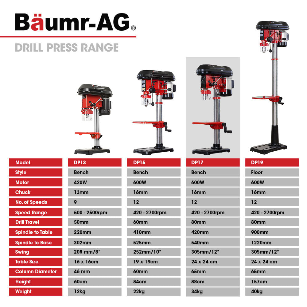 Baumr-AG 600W 12  Pedestal Bench Drill Press, 12 Speeds, 16mm Chuck (DP17)