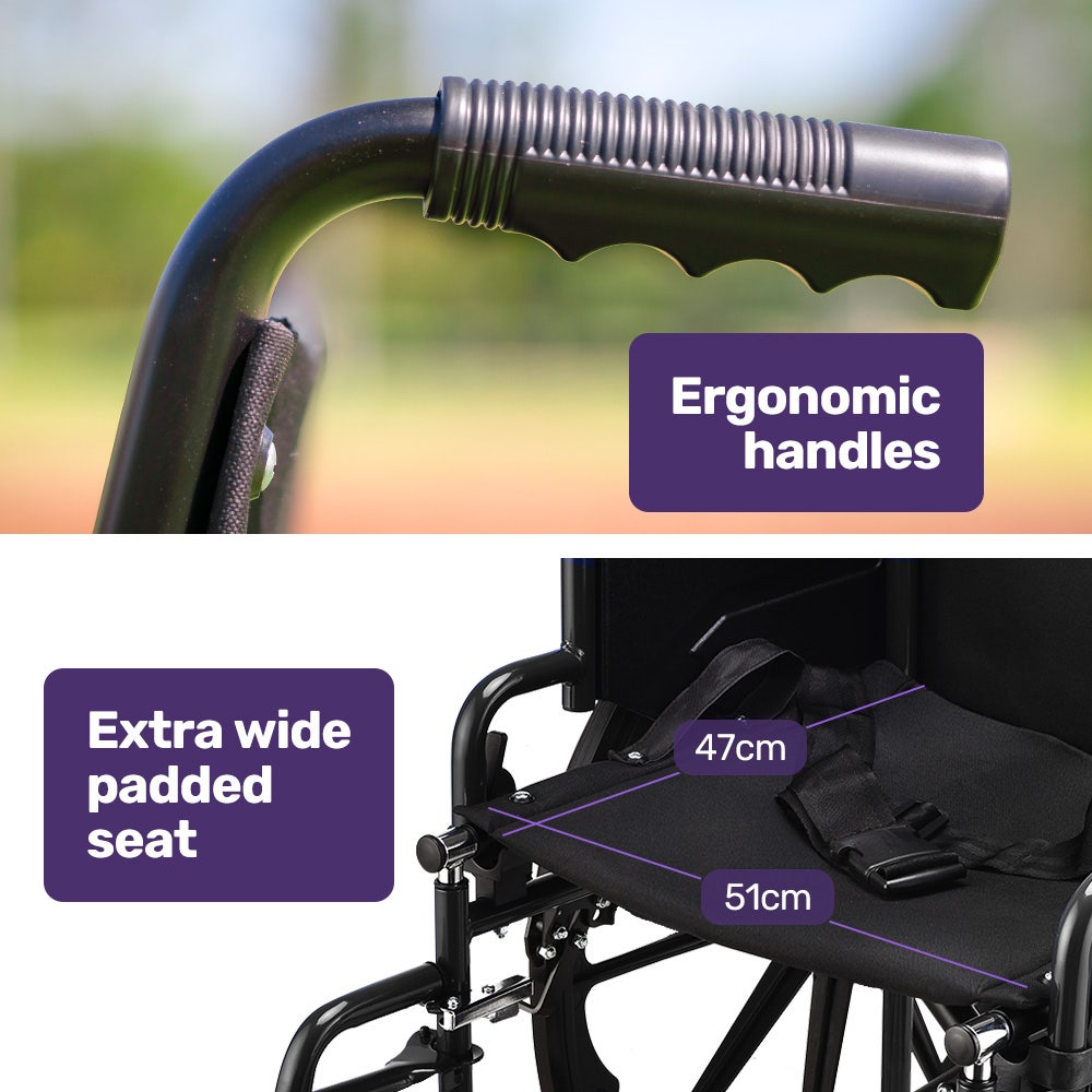 EQUIPMED 24 Inch Folding Wheelchair with Park Brakes, 136kg Capacity, 51cm Wide Seat, Black