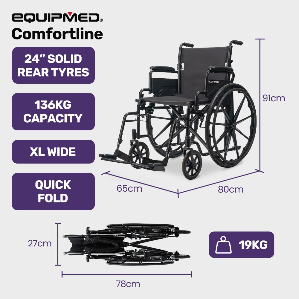 EQUIPMED 24 Inch Folding Wheelchair with Park Brakes, 136kg Capacity, 51cm Wide Seat, Black