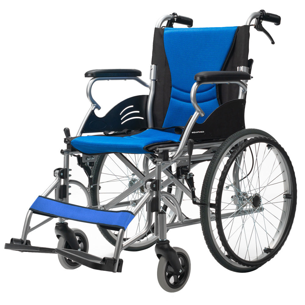 EQUIPMED Folding Aluminium Wheelchair, 20  Wheels, Park Brakes, 100kg Capacity, Blue