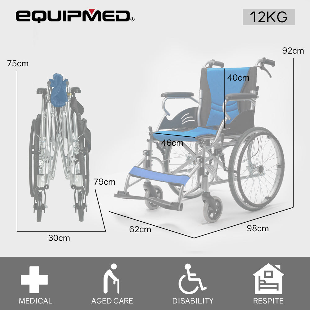 EQUIPMED Folding Aluminium Wheelchair, 20  Wheels, Park Brakes, 100kg Capacity, Blue