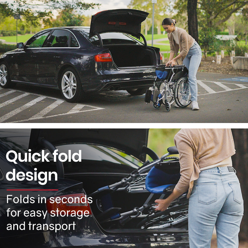 EQUIPMED Folding Aluminium Wheelchair, 20  Wheels, Park Brakes, 100kg Capacity, Blue